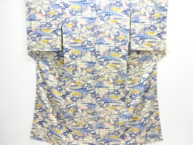 アンティーク　型染家屋風景模様節紬着物